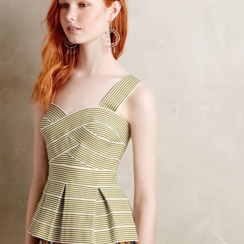 Anthropologie Olive Green and White Striped Peplum Tank